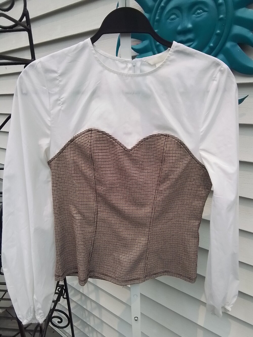 H&M White Long-Sleeve Top with Brown Gingham Bustier Detail